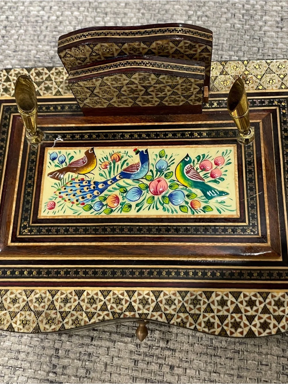 Vintage Pen and Pencil Holder Peacock Bird Design Ornate Floral Design Persian
